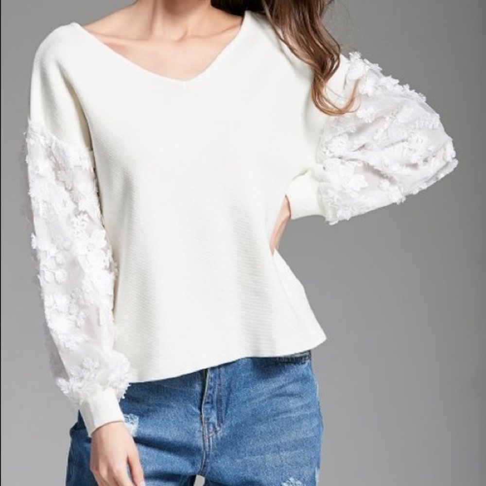 White V-Neck Sweater with Lace Sleeves - Picture 3 of 6